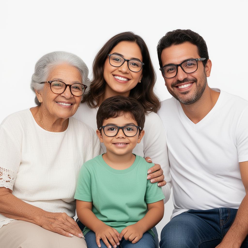 Família feliz de três gerações usando óculos da Ótica Visão Nova